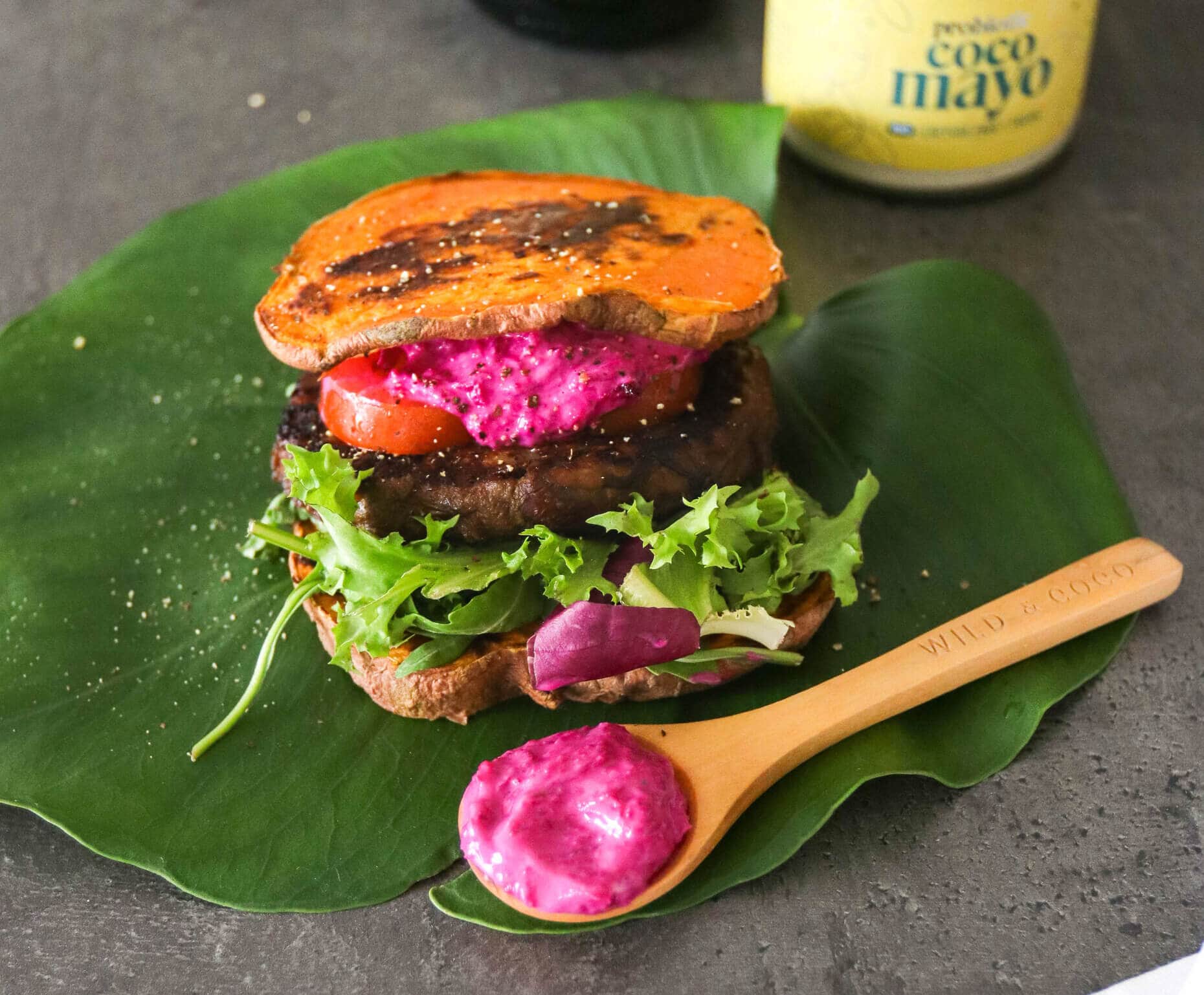 Sweet potato and tempeh burger with beetroot mayo