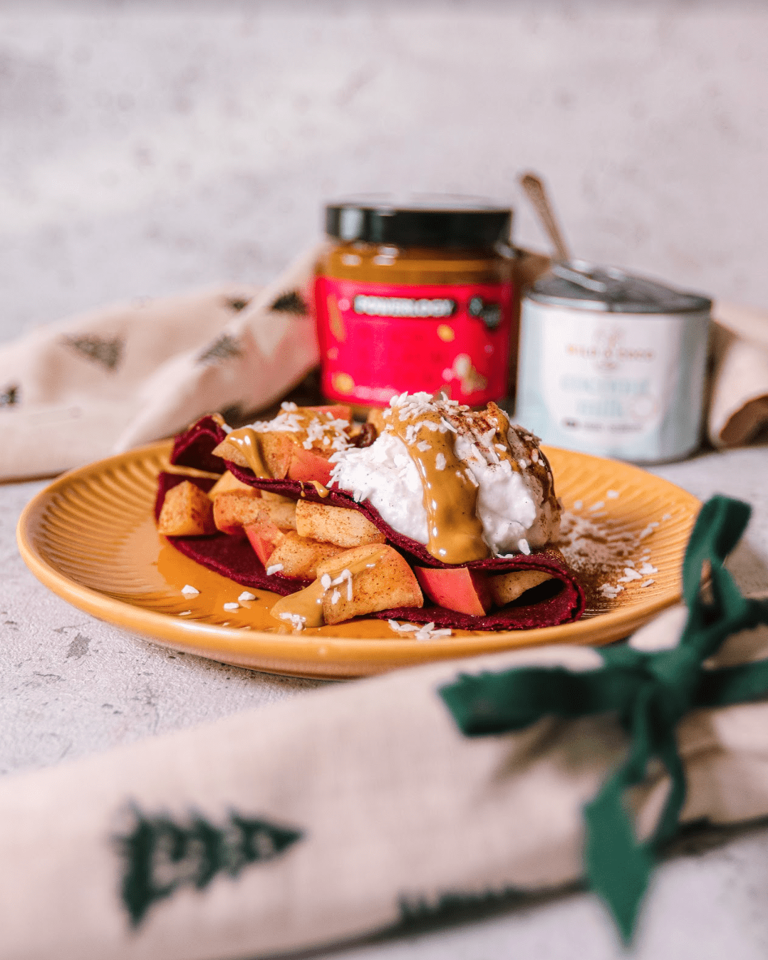 Beetroot pancake wraps with apples, coconut whipped cream and Pistachio Cream
