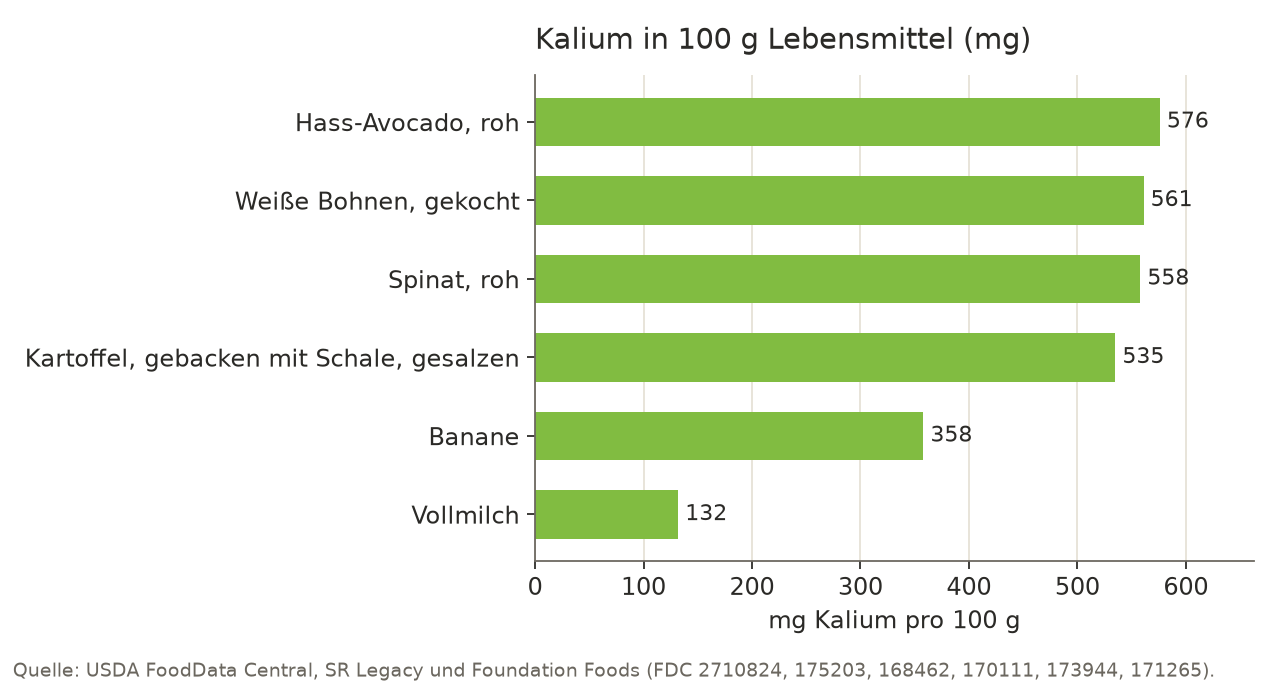 Balkendiagramm des Kaliumgehalts in 100 g von sechs Lebensmitteln nach USDA: Avocado 576 mg, weiße Bohnen 561 mg, Spinat 558 mg, gebackene, gesalzene Kartoffel 535 mg, Banane 358 mg, Milch 132 mg.