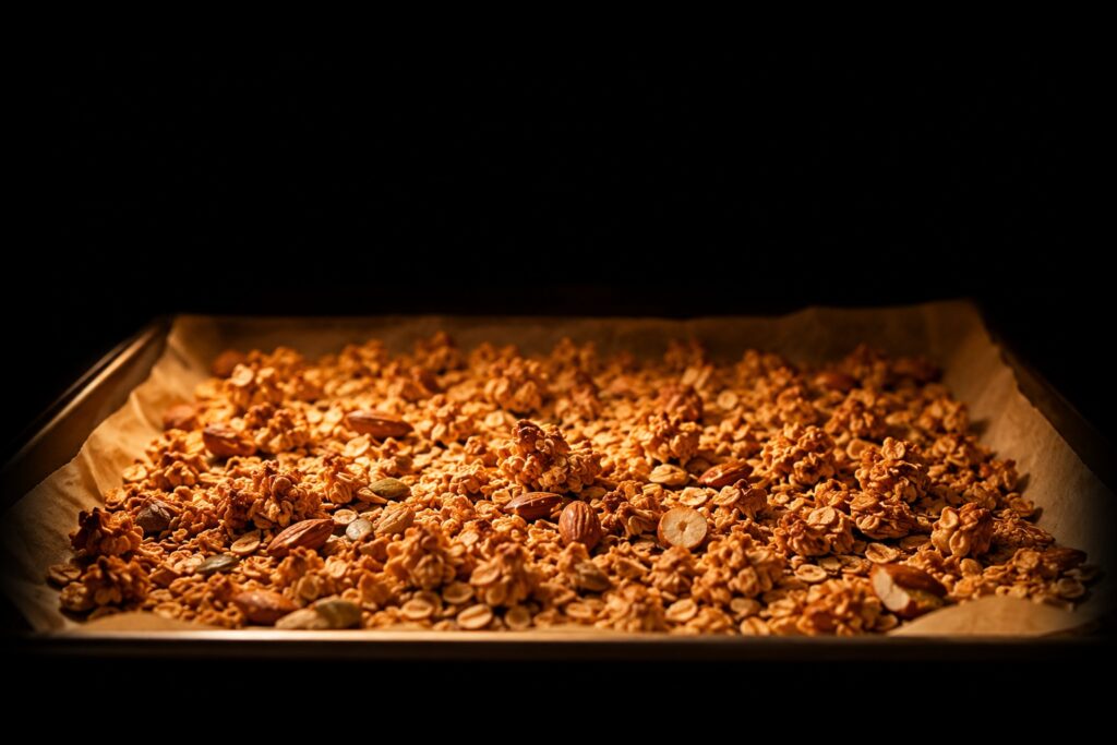 Granola sa pomaly pecie na plechu v rure