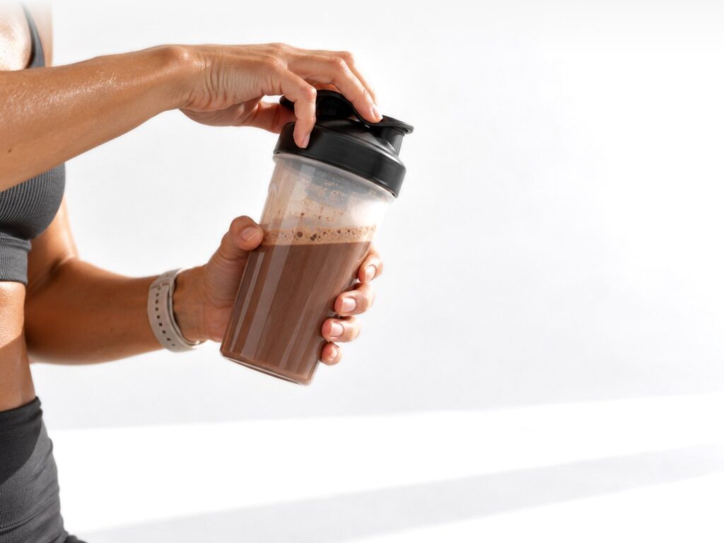 Nalievanie pripraveného nápoja Upgraded Sport Protein do pohára