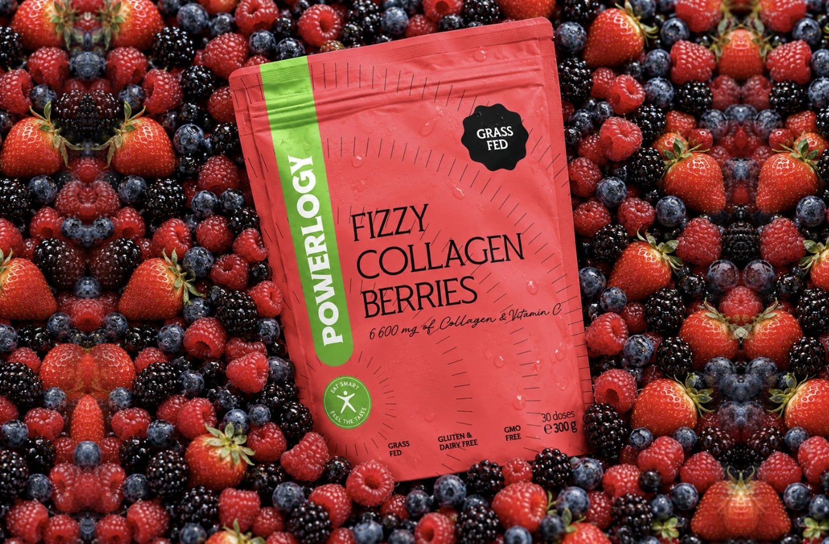 Balení Powerlogy Fizzy Collagen Berries leží v čerstvém lesním ovoci