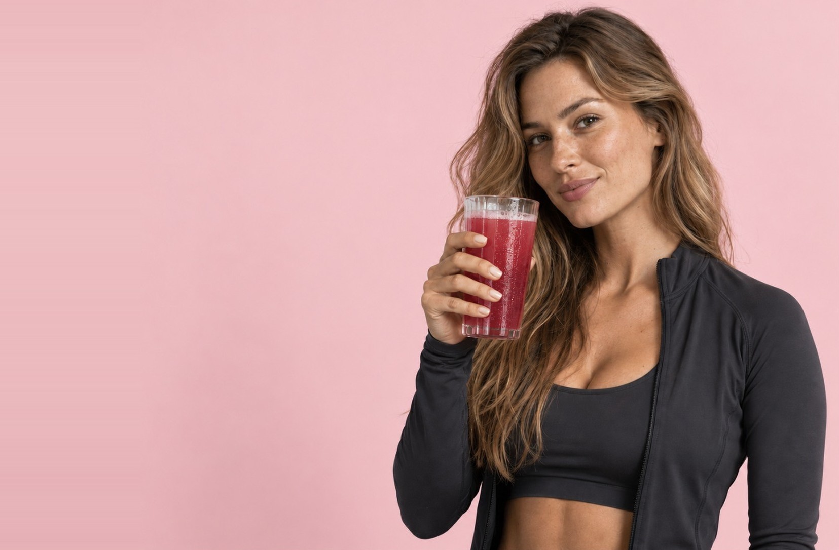 Frau mit einem Glas des fertigen Powerlogy Fizzy Collagen Berries Sprudelgetränks