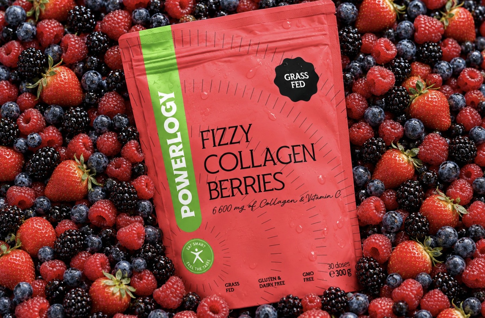 Balení Powerlogy Fizzy Collagen Berries leží v čerstvém lesním ovoci