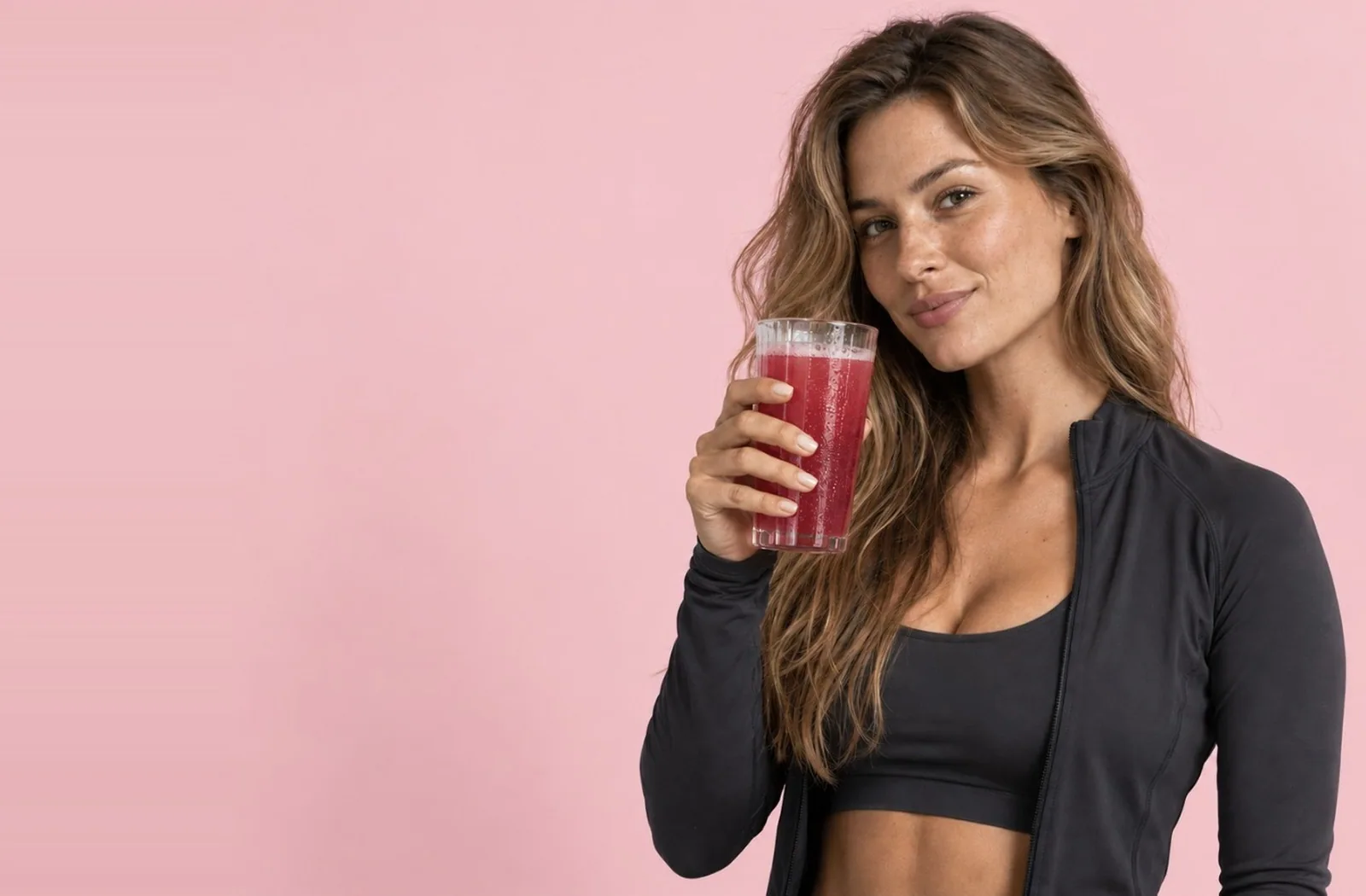 Frau mit einem Glas des fertigen Powerlogy Fizzy Collagen Berries Sprudelgetränks