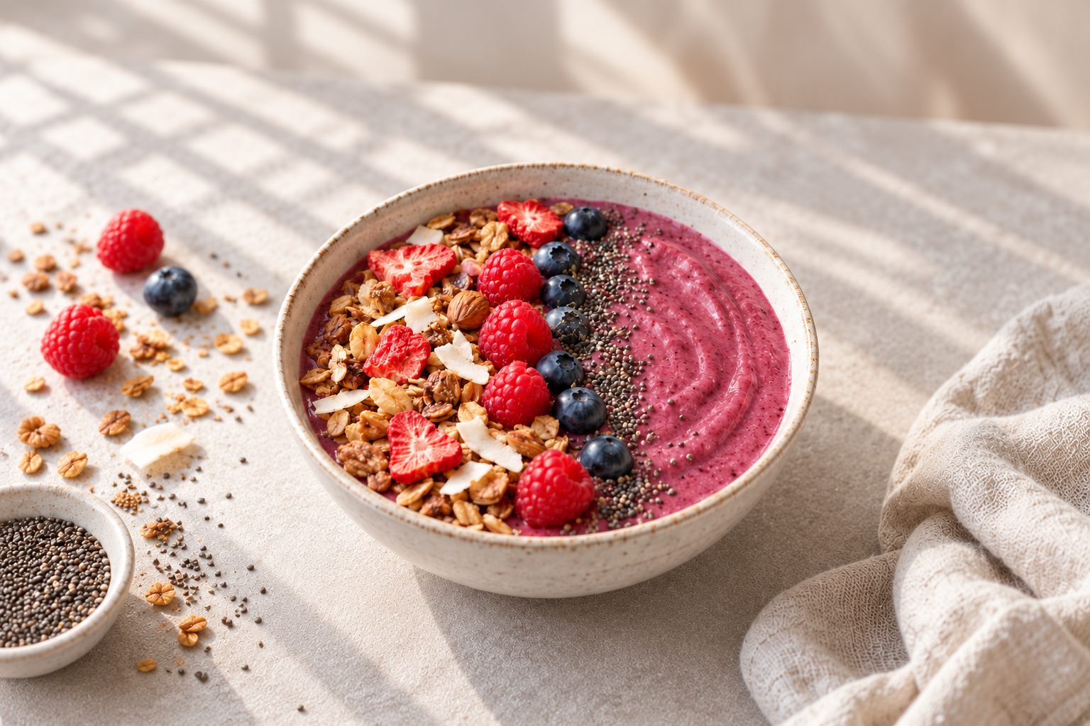 Berries smoothie bowl s jahodovou keto granolou