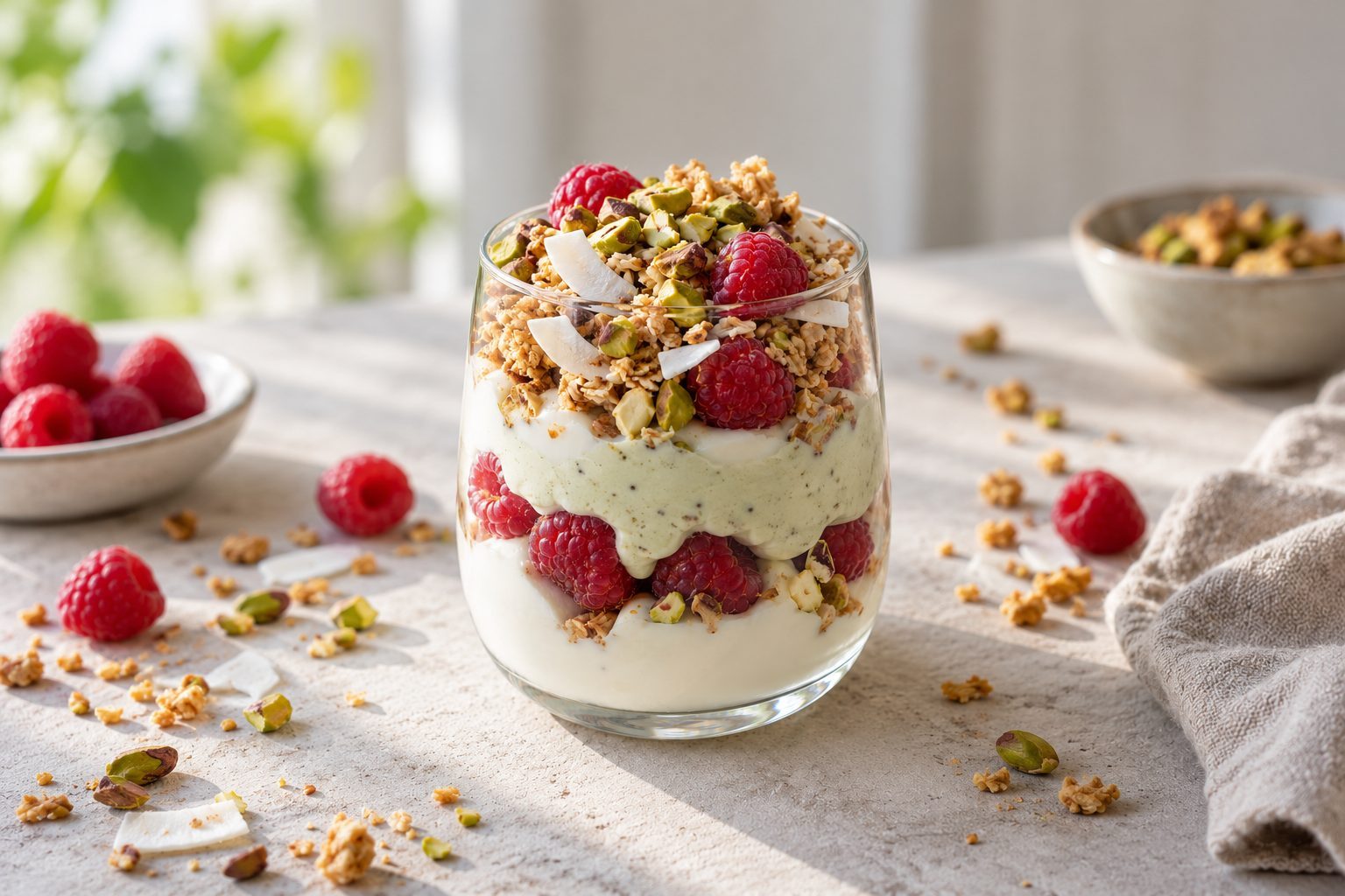 Pistacjowe parfait jogurtowe z granolą kokosową