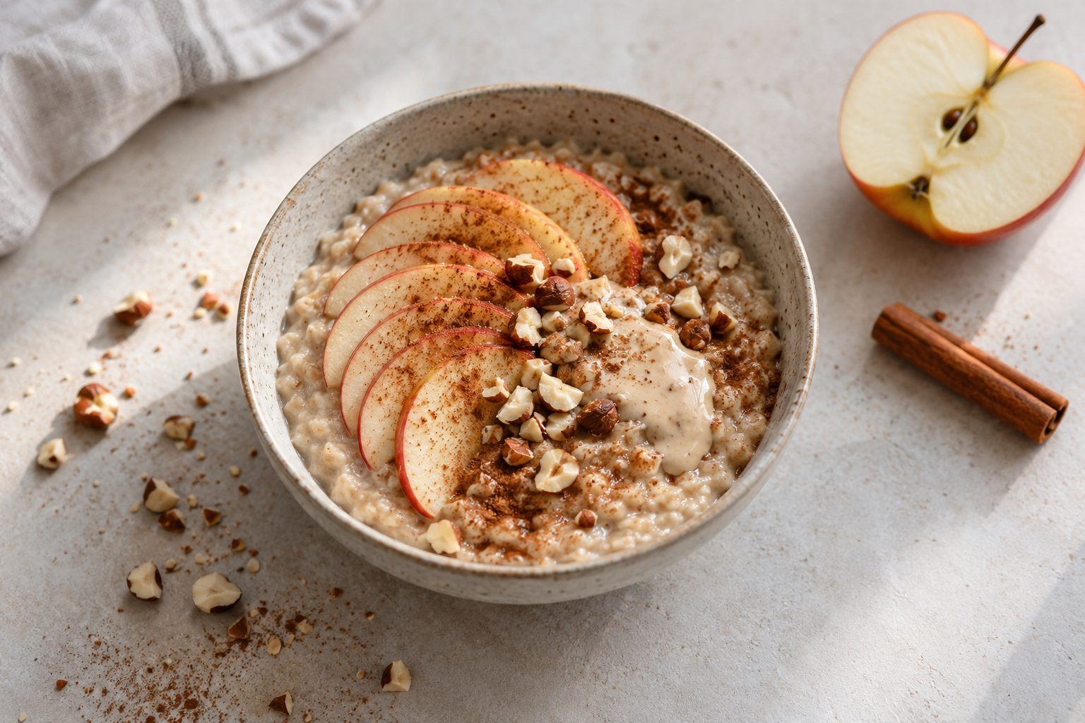 Zimt-Haferbrei mit Apfel und weißem Nougat