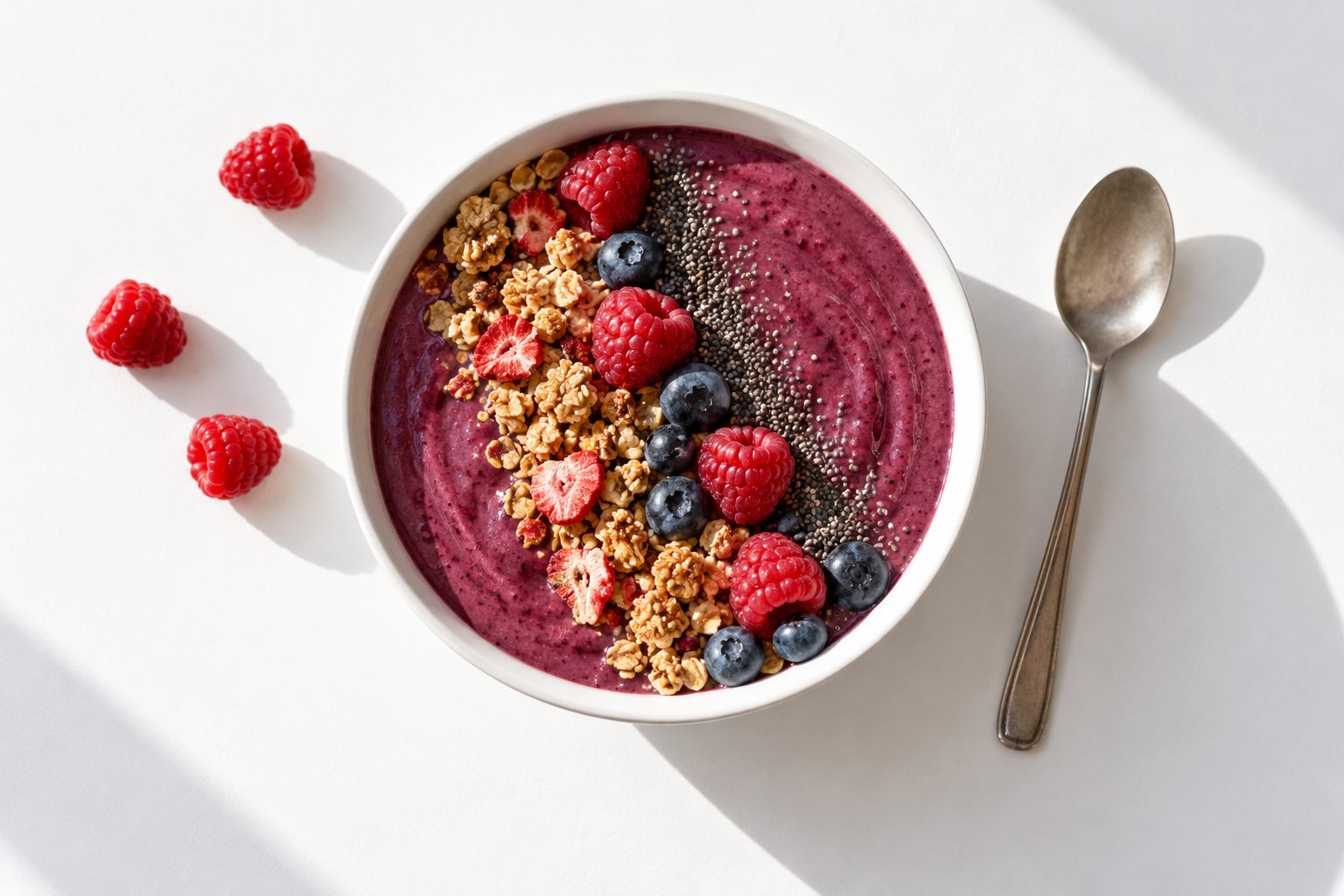 Berries smoothie bowl with strawberry keto granola