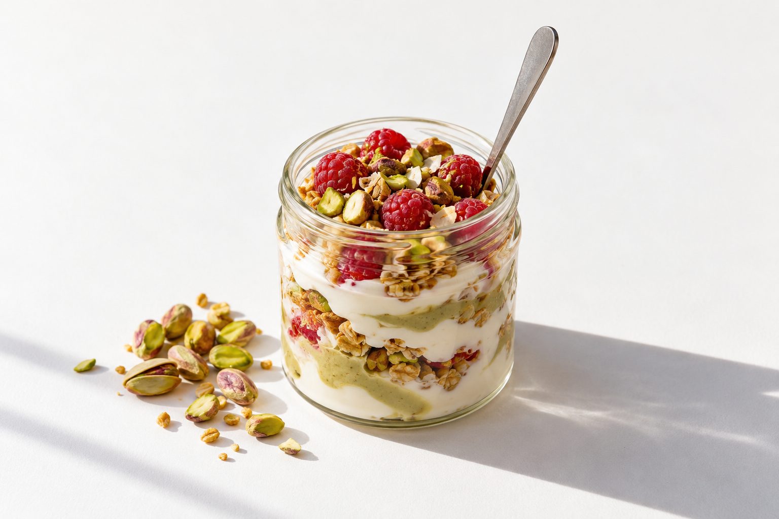 Pistachio yoghurt parfait with coconut granola
